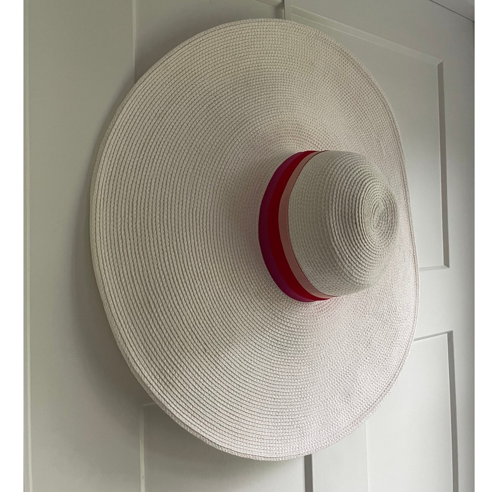 Trina Turk Wide Floppy Brim Sun Hat Beach White OS Resortwear Straw Ribbon Band